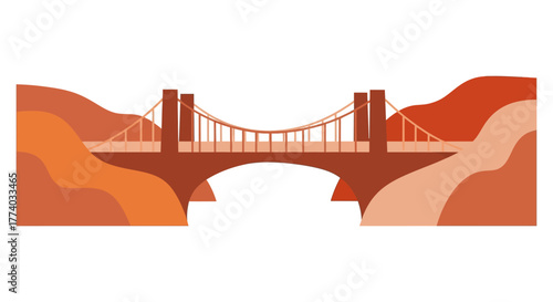 Flat design bridge with abstract mountain landscape in warm tones