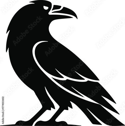 Black silhouette of a raven with stylized feathers and sharp beak on white background crow bird
