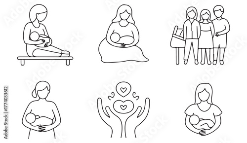 Breastfeeding and motherhood outline illustrations — family care and maternal love concept in vector style