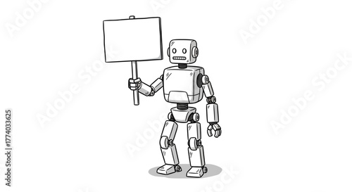 Cartoon robot holding blank sign in monochrome line art style