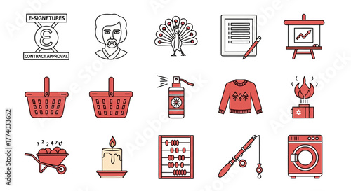 Minimal icon set featuring office, shopping, and home essentials