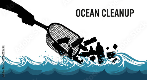 Silhouette of ocean cleanup effort with hand scooping floating plastic waste