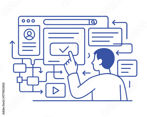 Dynamic digital workflow illustration with a modern touch, perfect for showcasing user experience design and innovative solutions on a clean, engaging platform