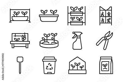 Small Space Gardening Icons. Container gardening for small spaces. Line outline icon set of Container