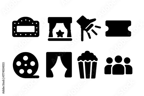 Entertainment Icons Set. Entertainment Venue. Filled icon set of Entertainment Venue: marquee, stage,