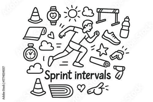 Sprint Intervals Doodle. Sprint intervals. Hand-drawn doodle illustration of Sprint intervals. In the middle,