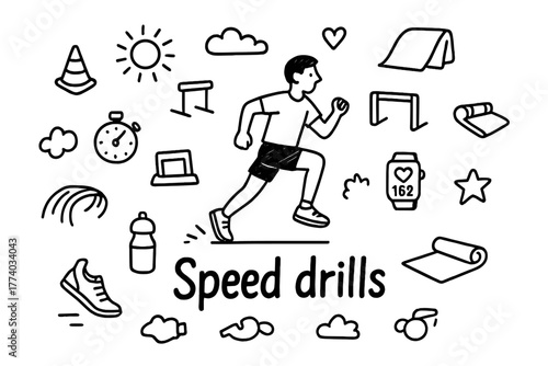 Speed Drills Doodle. Speed drills. Hand-drawn doodle illustration of Speed drills. In the middle, one slightly