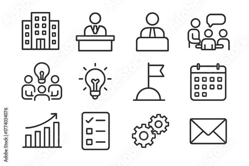 Corporate Restructuring Icons. Leadership in action during corporate restructuring. Line outline icon set of