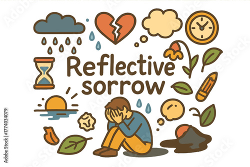 Reflective Sorrow Icons. Reflective sorrow. Hand-drawn doodle illustration of Reflective sorrow. person