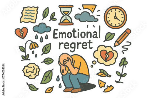 Emotional Regret Doodle. Emotional regret. Hand-drawn doodle illustration of Emotional regret. person sitting,