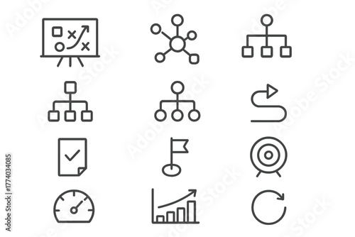 Corporate Leadership Icons. Leadership in action during corporate restructuring. Line outline icon set of