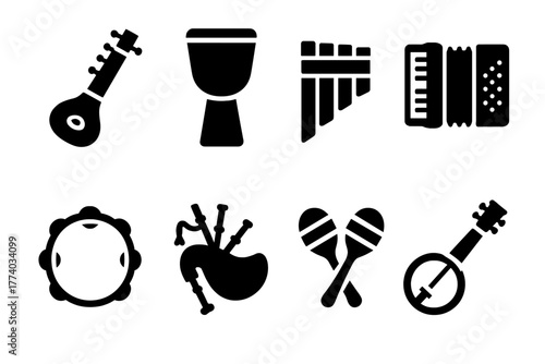 Musical Instrument Icons. Musical Heritage. Filled icon set of Musical Heritage: sitar, djembe, pan flute,