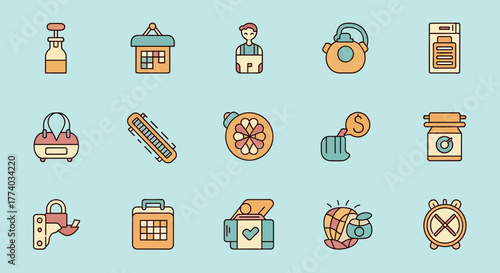 Modern flat style icons set featuring household and office items