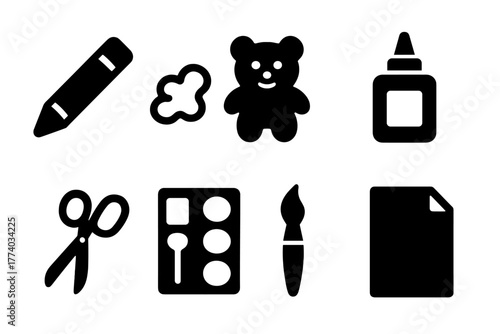 Playful Art Icons. Playful Art. Filled icon set of Playful Art: crayon, doodle, clay toy, glue, scissors,