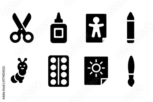 Kids Craft Icons. Kids Crafting. Filled icon set of Kids Crafting: scissors, glue bottle, paper cutout, crayon