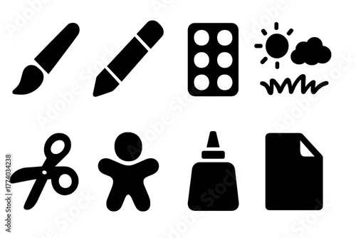 Creative Kids Icons. Creative Kids. Filled icon set of Creative Kids: paintbrush, crayon, watercolor palette,