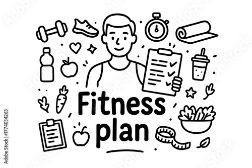 Fitness Plan Doodle. Fitness plan. Hand-drawn doodle illustration of Fitness plan. In the middle, one slightly
