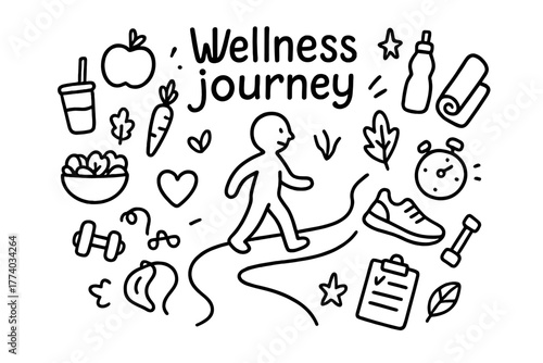 Wellness Journey Doodle. Wellness journey. Hand-drawn doodle illustration of Wellness journey. In the middle,