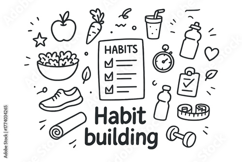 Habit Building Doodle. Habit building. Hand-drawn doodle illustration of Habit building. In the middle, one
