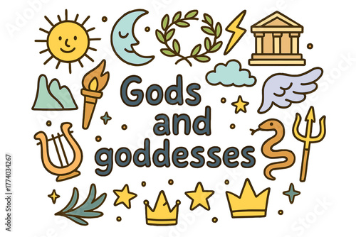 Doodle Gods and Goddesses. Gods and goddesses. Hand-drawn doodle illustration of Gods and goddesses. sun, moon