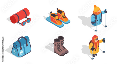 Winter sports gear and activities in isometric style featuring skiing and hiking accessories