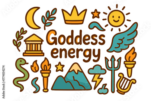 Goddess Energy Doodle. Goddess energy. Hand-drawn doodle illustration of Goddess energy. moon, sun, laurel