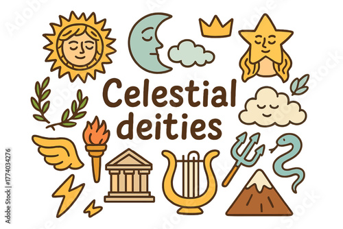 Celestial Deities Doodle. Celestial deities. Hand-drawn doodle illustration of Celestial deities. sun, moon,