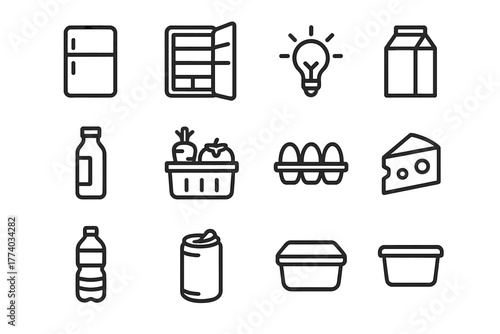 Fridge Icon Collection. Peeking into the fridge. Line outline icon set of Peeking into the fridge: