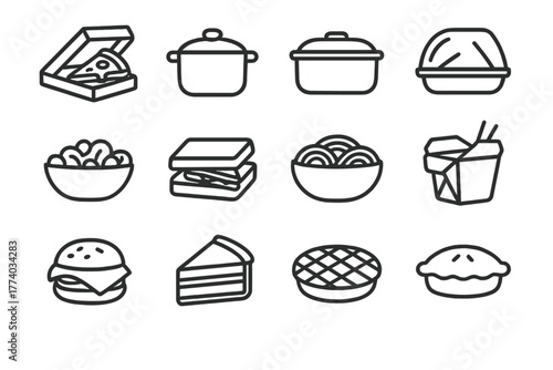 Fridge Icons Set. Peeking into the fridge. Line outline icon set of Peeking into the fridge: leftover pizza