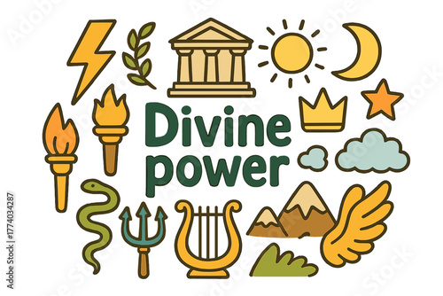 Divine Symbols Collage. Divine power. Hand-drawn doodle illustration of Divine power. lightning bolt, sun,