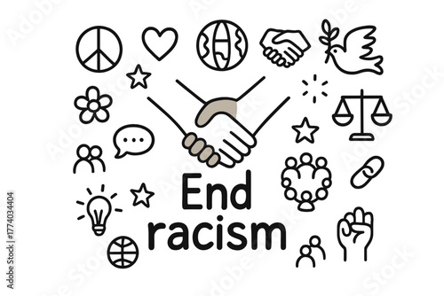 End Racism Doodle. End racism. Hand-drawn doodle illustration of End racism. In the middle, one slightly