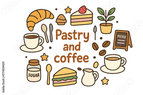 Pastry Coffee Doodle. Pastry and coffee. Hand-drawn doodle illustration of Pastry and coffee. coffee cup,