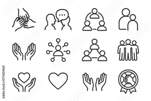 Reality Show Icon Set. Reality show filming. Line outline icon set of Reality show filming: teamwork hands,