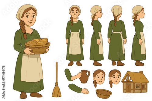 Medieval Peasant Character Set. Cartoon realistic vector illustration, Character constructor style, isolated