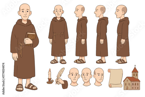 Medieval Monk Characters. Cartoon realistic vector illustration, Character constructor style, isolated