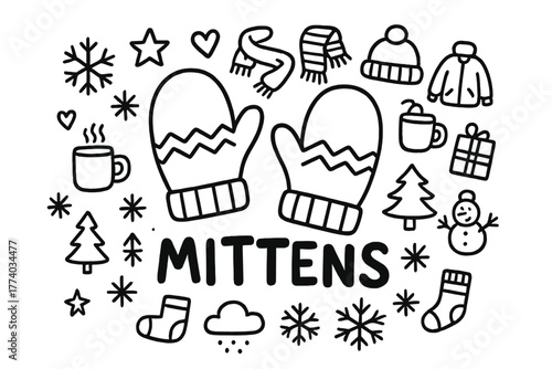 Mittens and Winter Doodles. Mittens. Hand-drawn doodle illustration of Mittens. In the middle, one slightly