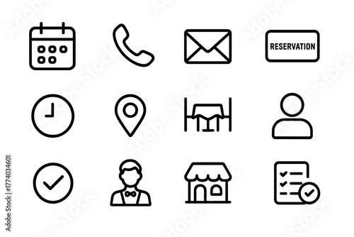 Restaurant Booking Icons. Restaurant booking. Line outline icon set of restaurant booking: calendar, phone,
