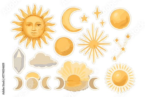 Celestial Watercolor Stickers. Sun symbols and celestial motifs. Realistic hand-painted watercolor style