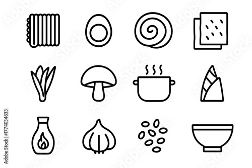 Ramen Ingredients Icons. Ramen ingredients. Line outline icon set of ramen ingredients: noodles, egg, pork