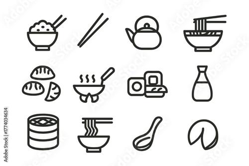 Asian Cuisine Icons. Asian food culture. Line outline icon set of Asian food culture: rice bowl, chopsticks,