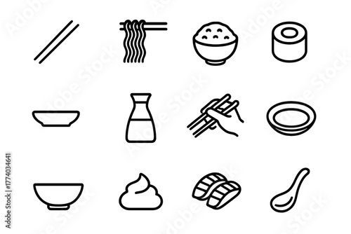 Chopsticks Icon Grid. Eating with chopsticks. Line outline icon set of eating with chopsticks: chopsticks pair