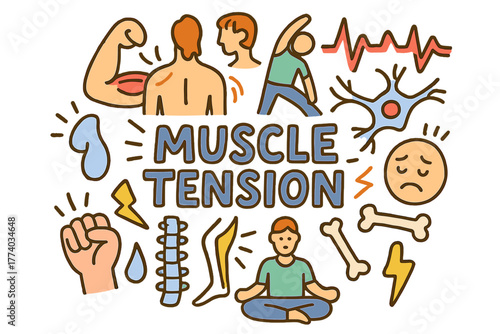 Muscle Tension Icons. Muscle Tension. Hand-drawn doodle illustration of muscle tension. Muscle arm, shoulders,