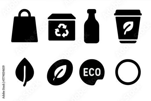 Eco Packaging Icons. Eco packaging. Filled icon set of eco packaging: paper bag, recycled box, glass bottle,