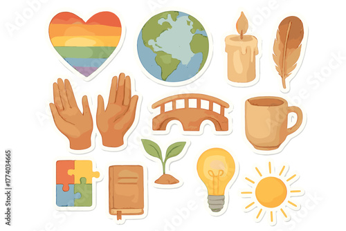 Diversity Watercolor Stickers. Diversity and belonging. Realistic hand-painted watercolor style sticker sheet