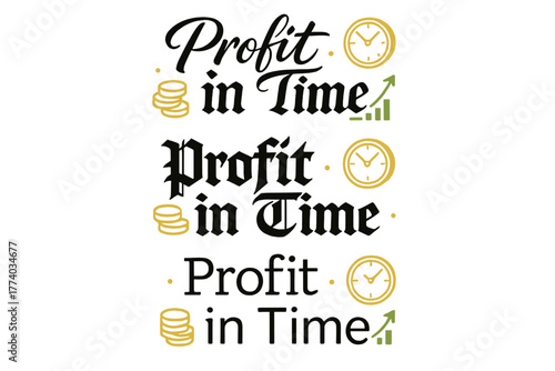 Calligraphy with Gold Motifs. Profit in Time. Create a calligraphy lettering illustration of the phrase: