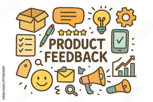 Product Feedback Doodle. Product Feedback. Hand-drawn doodle illustration of product feedback. Box, checklist,