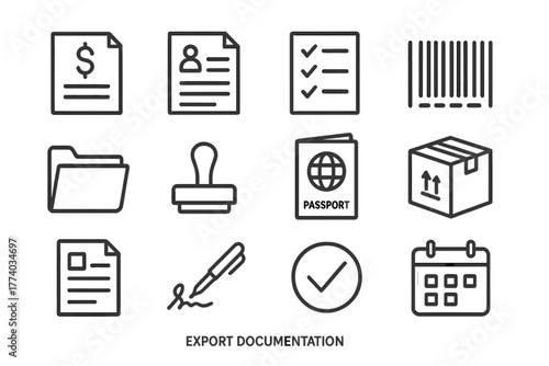Export Icon Set. Export documentation. Line outline icon set of export documentation: invoice, customs form,