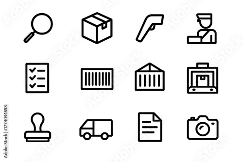 Cargo Inspection Icons. Cargo inspection. Line outline icon set of cargo inspection: magnifying glass, cargo