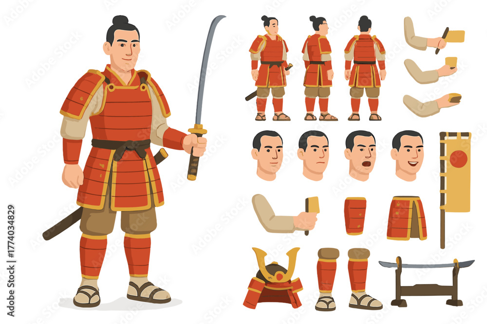 Obraz premium Samurai Character Creator. Cartoon realistic vector illustration, Character constructor style, isolated