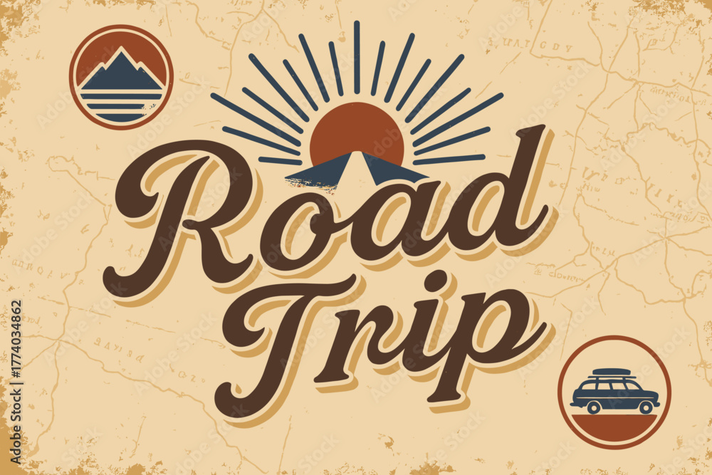 Nostalgic Road Trip. Road Trip. vintage serif script with aged paper effect, shadowed letters, nostalgic print